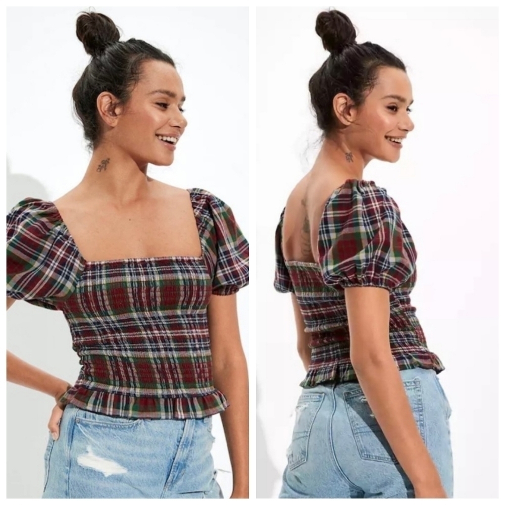 American Eagle | new boho‎ plaid smocked puff sleeve blouse Buffy sleeve sz XS